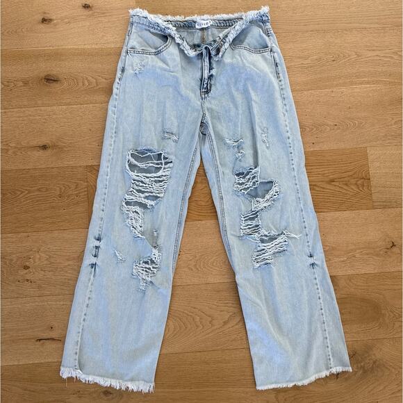 Cello - Wide Leg Distressed Ripped Jeans in Light Wash Blue - Picture 1 of 4